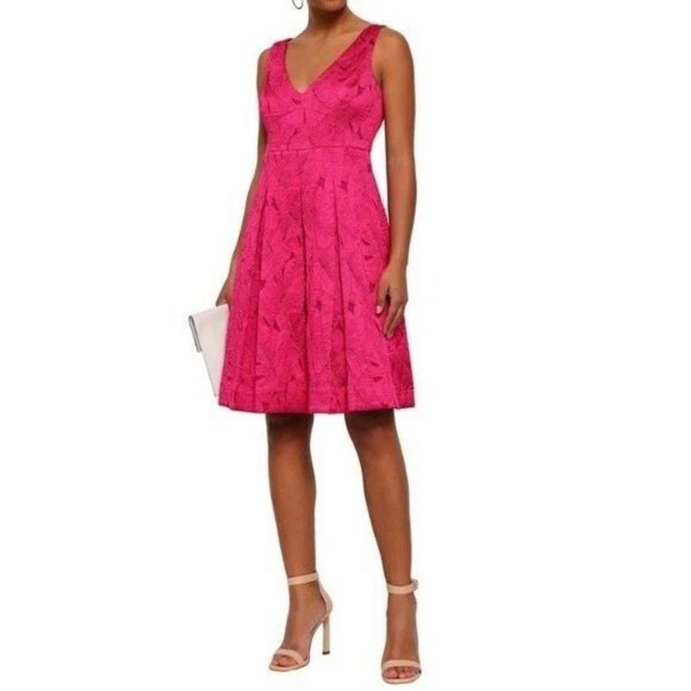 New Elie Tahari Mohini Dress 0 Pink Camelia Fit & Flare V-Neck Jacquard Cocktail